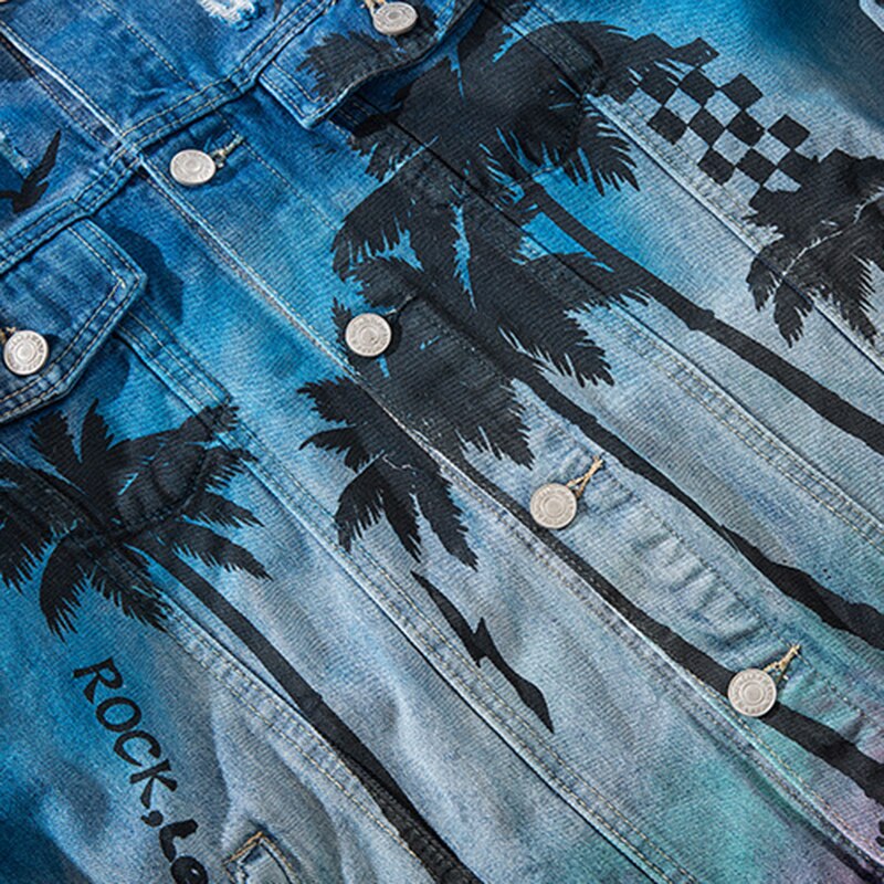 Sokotoo mænds farvet kokosnød palm trykt rippet jakke jakke trendy slips farvede huller streetwear denim frakke hip hop top overtøj