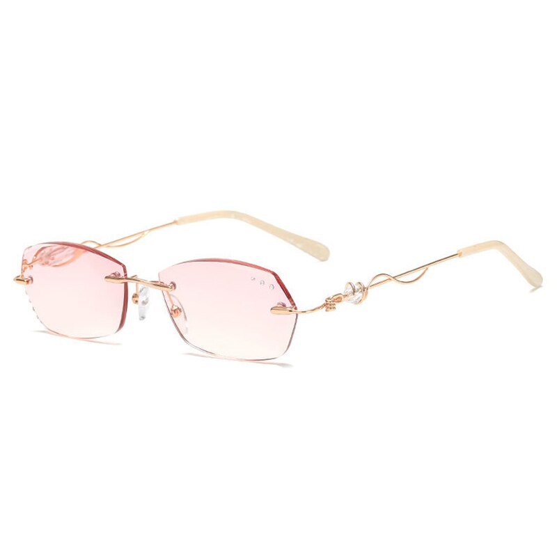 Gafas de lectura de aleación de corte de diamante sin montura para mujer con gradiente Rosa + 1 + 1,5 + 2 + 2,5 + 3 sin montura de Metal con diamantes de imitación Anti azul