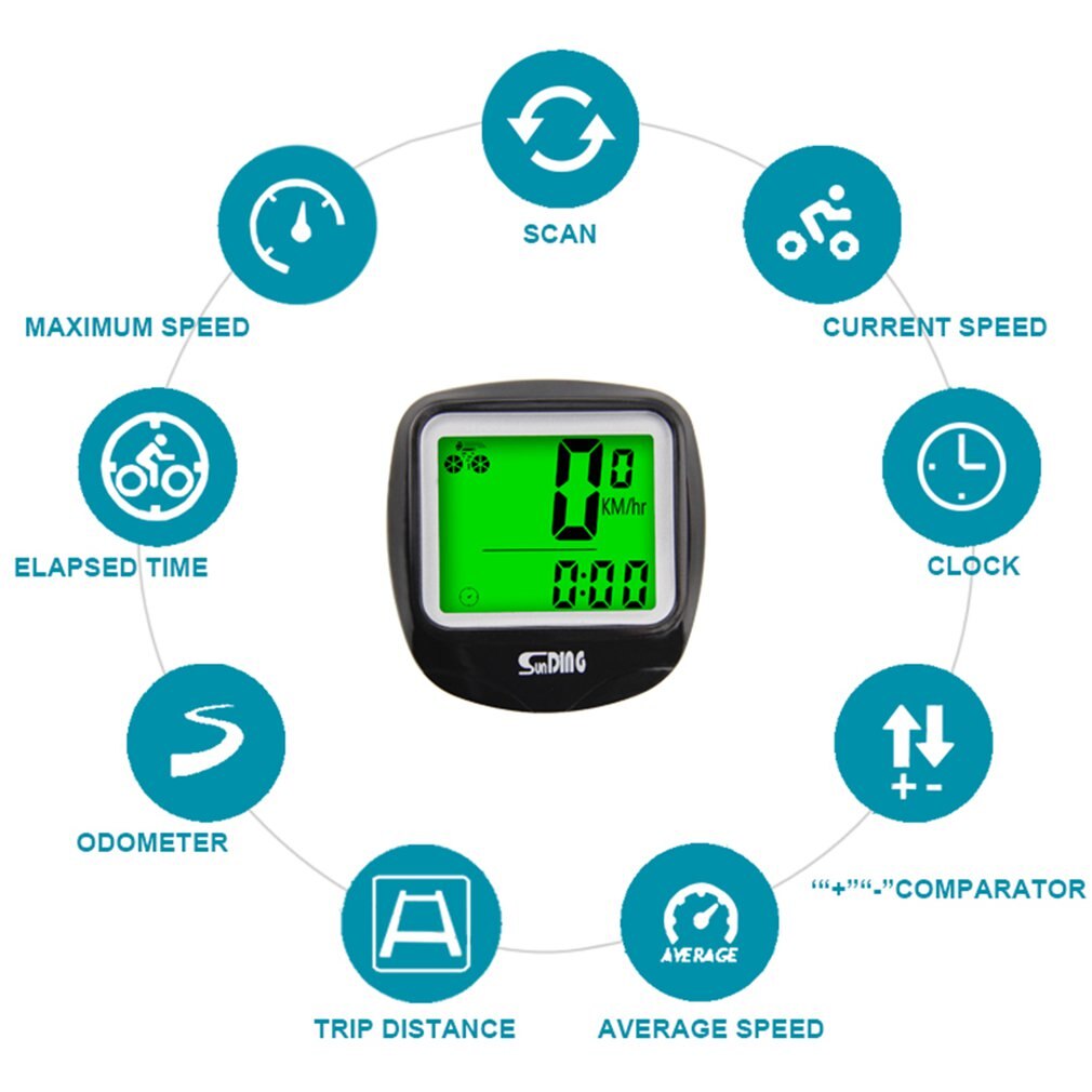 Sunding SD-568 Bike Computer Cycling Computers Bicycle Speedometer Wireless Waterproof Stopwatch Odometer LCD Backlight Black