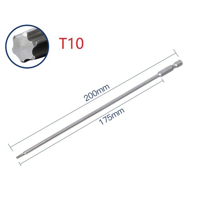 Juego de puntas de destornillador Torx magnético de 200mm de largo, cabeza de destornillador eléctrico T10, T15, T20, T25, T27, T30, 1 ud.: T10