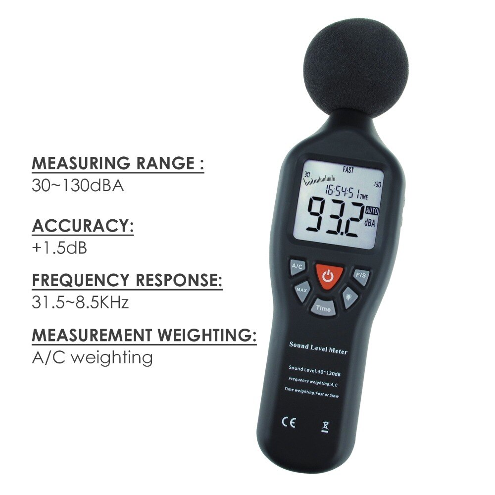 Äänitaso mittari korkean tarkkuuden mittaus 30db-130db kompakti äänitaso taustavalaistulla näytöllä