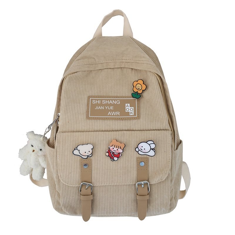 Cute Corduroy Backpacks for School Teen Girls Patchwork Colorful Bagpack Kids School Bags Double Buckles Travel Knapsack H246: khaki / with bear Pendant
