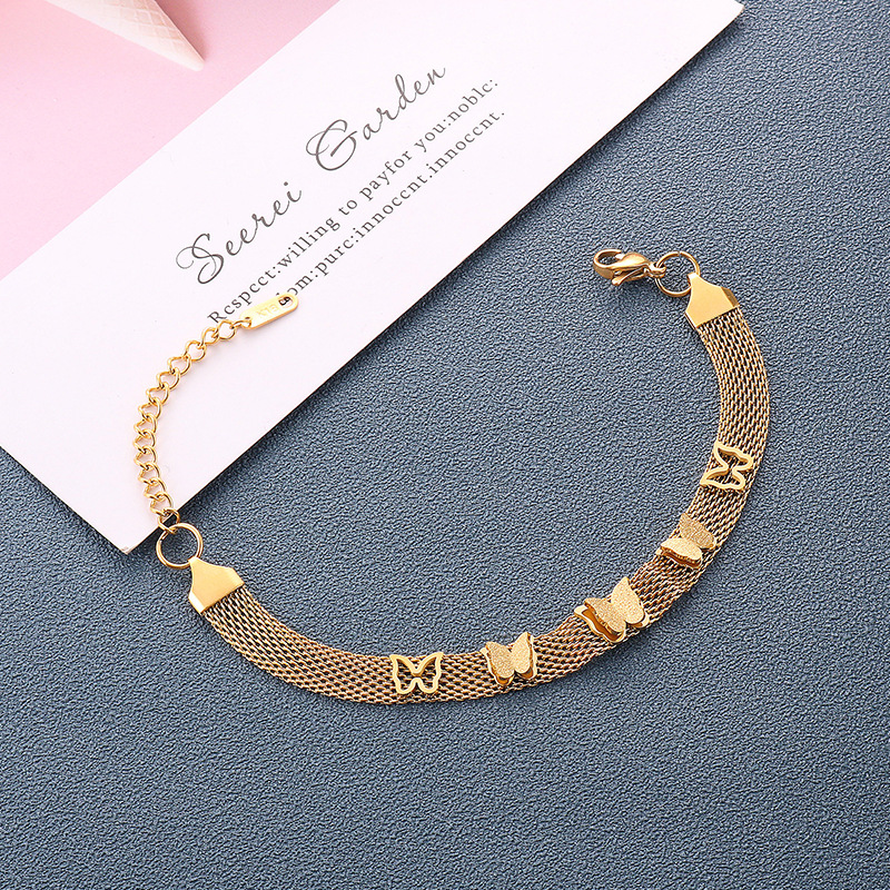 316L Roestvrij Staal Mode Fijne High-End Sieraden 2 Layer Lassen Matte 5 Vlinder Charm Mesh Chain Armbanden voor Vrouwen