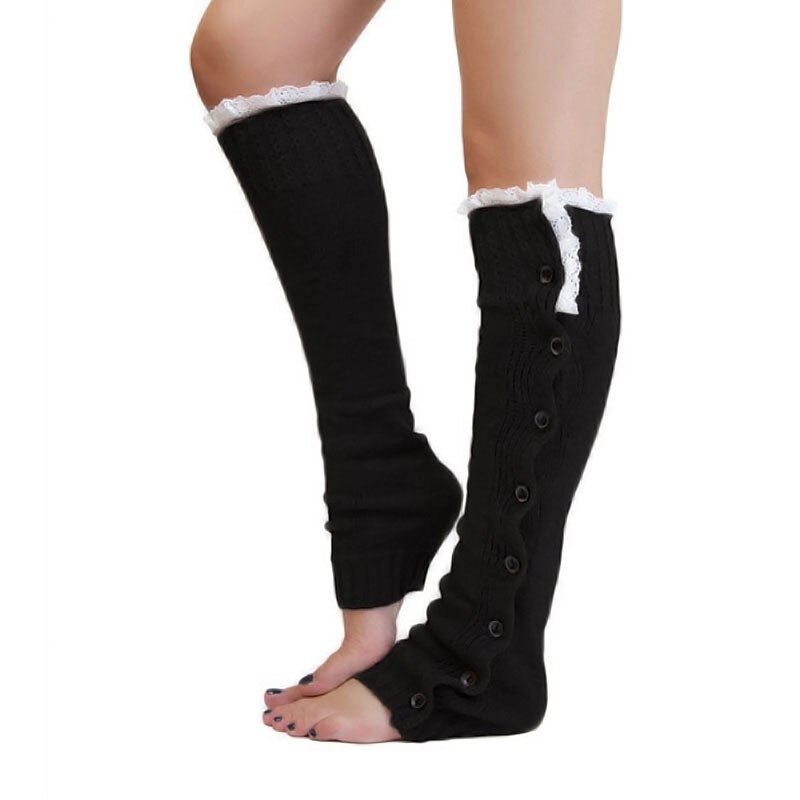 Polaina de malha com botão de renda, meia-calça feminina de outono e inverno, cobertura de bota macia clássica