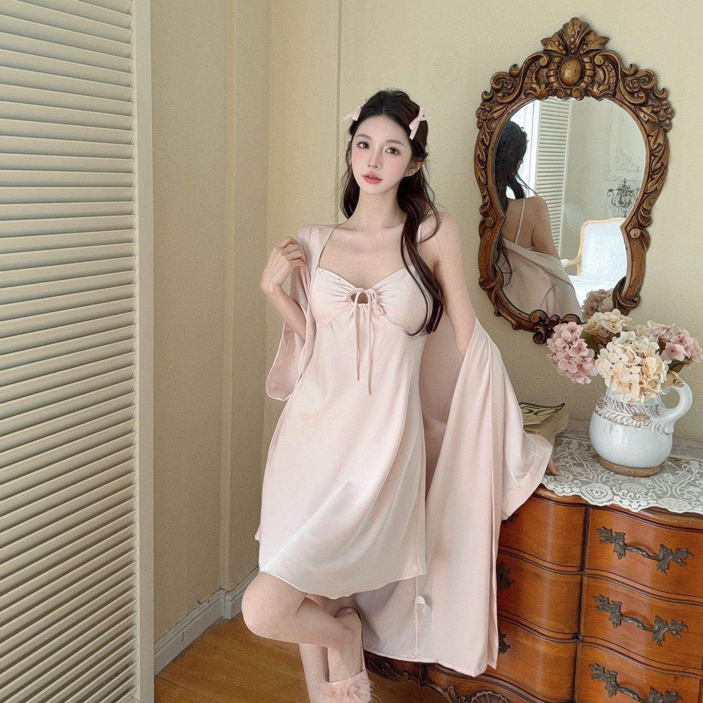 Twinset morgenkåpe dame sateng nattkjole kimono badekåpe kjolesett sommer sexy loungewear v-hals nattøy