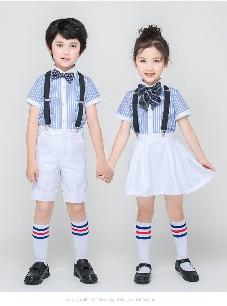 4Pcs Formele Gentleman Jongens Zomer Bruiloft Outfits Witte Rok Blauwe Shirts Met Vlinderdas Meisjes Studenten School Uniform Past
