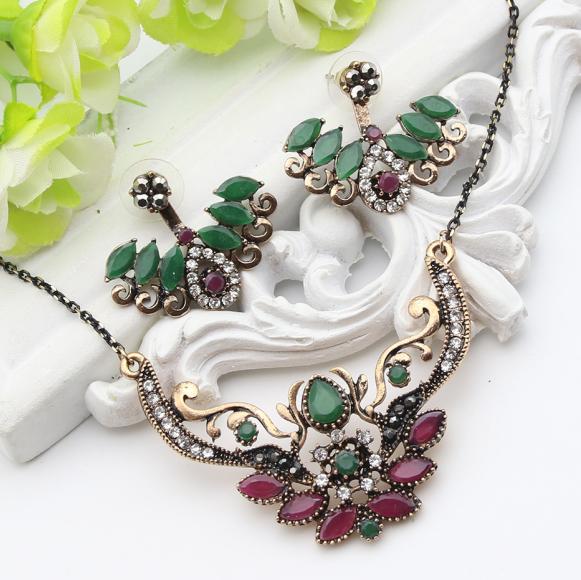 Nuovo Stile Turco ala impostato di Gioielli per Le Donne retrò Oro Orecchini Della Collana Del Fiore Della Resina di colore Regolabile India Etnica bijoux: FA1629DC002green