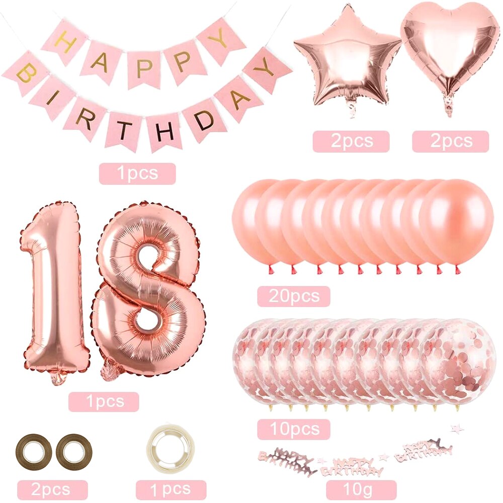 Birthday Balloon Set Number Rose Gold Birthday Decorations Festive Event Party Supplies Ballons Accessories 16th/18th/30th: 18th
