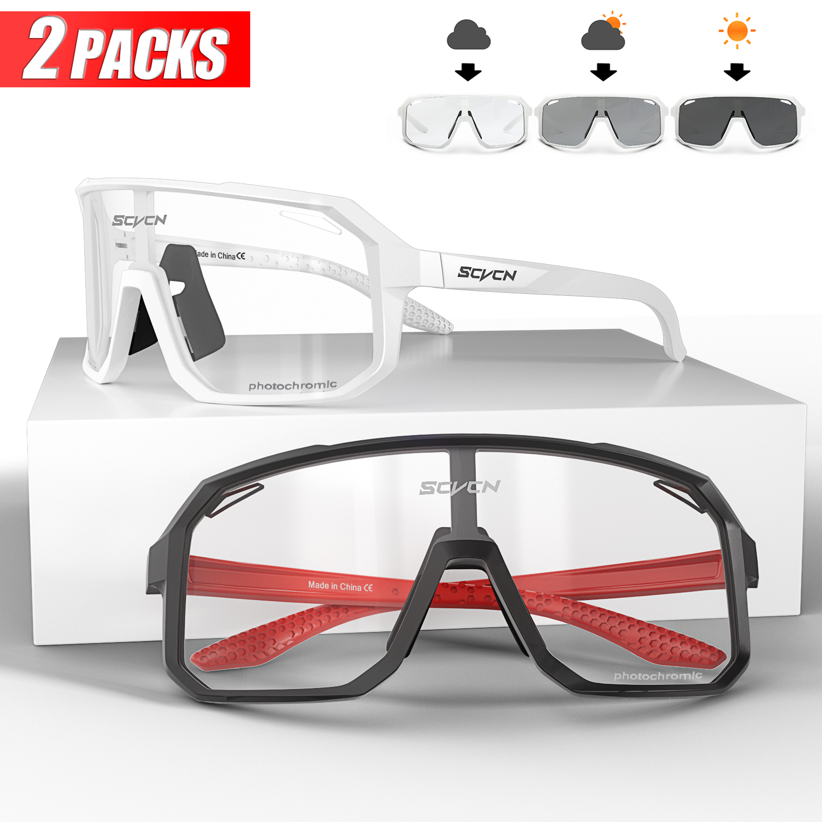 2 Packs Fotochromische Fietsen Zonnebril Mtb Fietsbril Bril Fiets Mountainbike Heren Sport Brillen Brillen: GRIJS