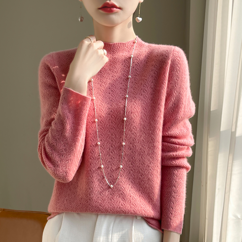 100%  damegenser i merinoull med halvhøy hals, ensfarget strikket hul genser til dame med lange ermer, sommertynn pullover: Xl / Rosa