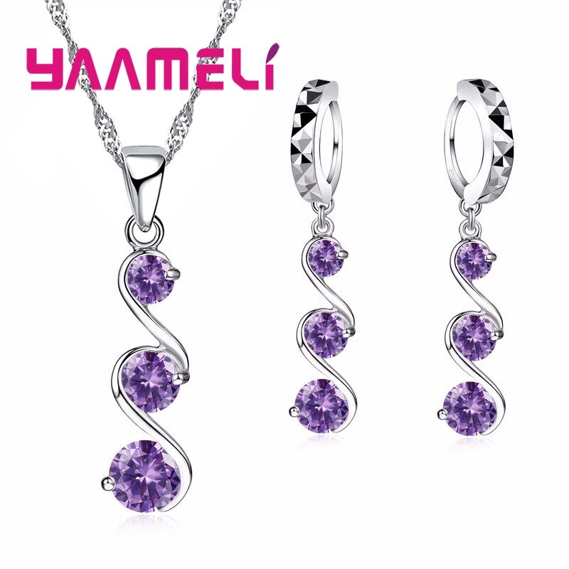 Originele 925 Sterling Silver Wedding Engagement Sieraden Sets Voor Vrouwen Meisje Dames Hanger Ketting Oorringen: Purple