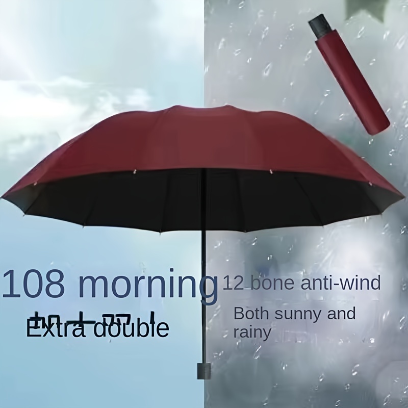 Paraguas plegable súper grande acanalado, resistente al viento e impermeable, refugio para la lluvia Pongee 170T reforzado, mango de goma, varillas de hierro, 12 nervaduras: Negro