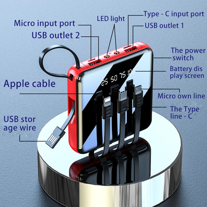 4 in 1 20000mAh Mini Energie Bank LED-anzeige Externe Batterie PoverBank Tragbare Ladegerät Energie Mit 2 LED-Licht für iPhone 12