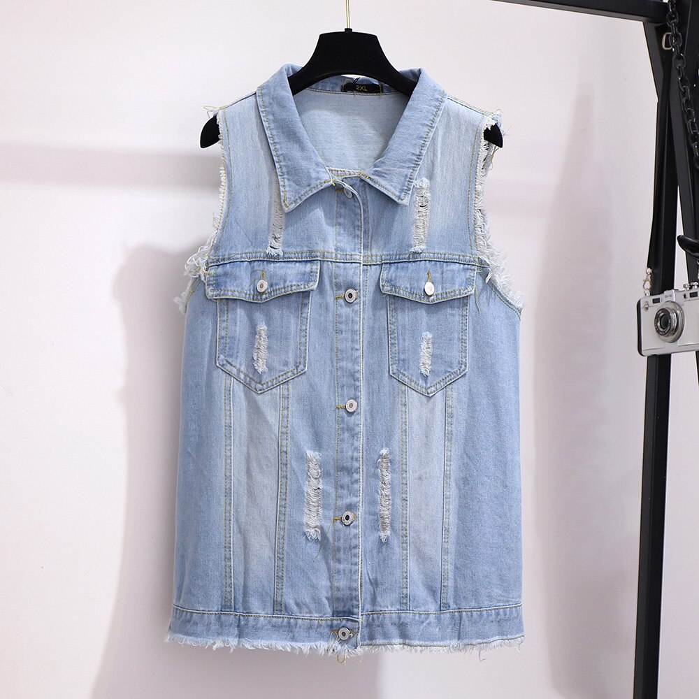 Grote Maat Vrouwen Denim Vest Mouwloze Kleding Vrouw Kleren Losse Plus Size Dragen Gaten Vrouwelijke Jas Jas