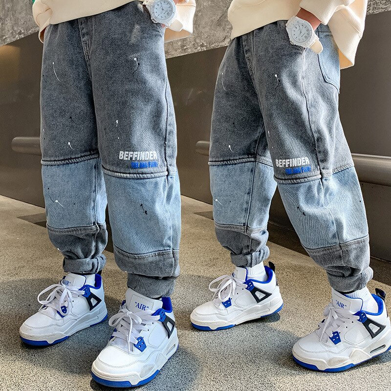 Spring Boys Patchwork Jeans Kids Casual Sport Denim Pants Children Handsome English Alphabet Print Trousers Teen Clothes