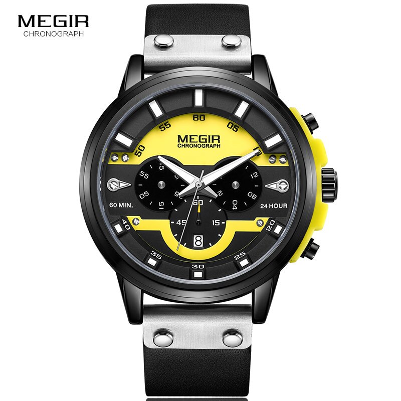 MEGIR 24 Stunden Chronograph Quarz Uhren Wasserdicht Casual Leder Armbanduhr für Mann Leuchtende Hände Sport Uhr 2080 Gelb