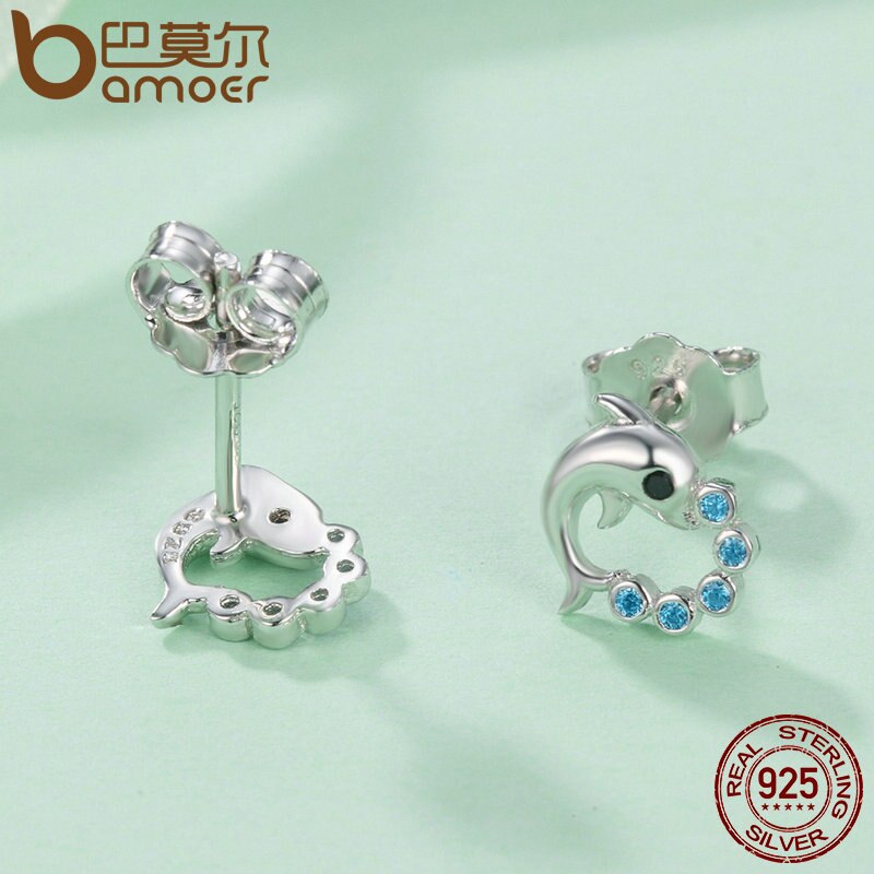 BAMOER Genuine 925 Sterling Silver Cute Dolphin Love Ball Animal Stud Earrings for Women Sterling Silver Jewelry Bijoux SCE179