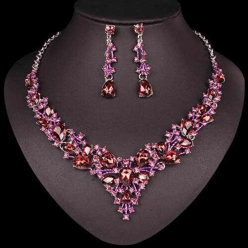 Mode Oostenrijkse Kristallen Oorbellen Ketting Set Indian Bruids Sieraden Sets Wedding Party Kostuum Accessoires voor Bruid Vrouwen: purple in silver