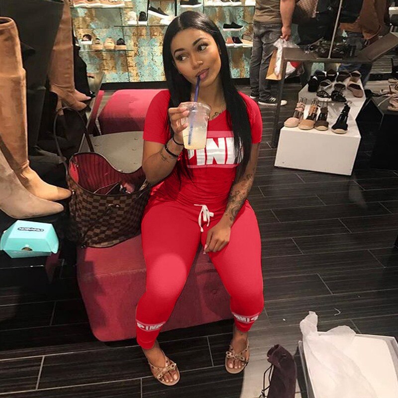 Pink Letter Print 2pcs Tracksuits Women Two Piece Set Street T-shirt Tops And Jogger Set Suits Casual 2pcs Outfits: red / S