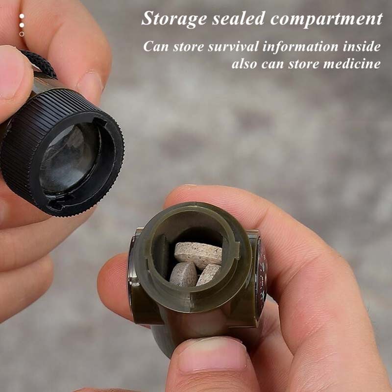 7 in 1 Outdoor Emergency Survival Tool Compass Whistle Magnifier Thermometer Flashlight Storage Organizer for Camping Hiking