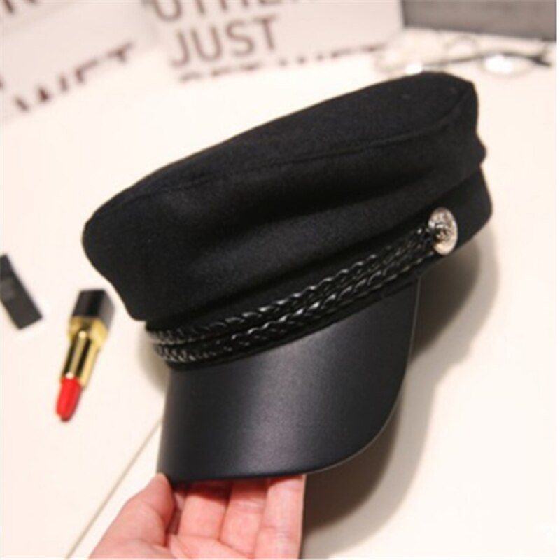 Retro reise studentlue dame casual matros lue svart varm flat topp captain cap: Default Title
