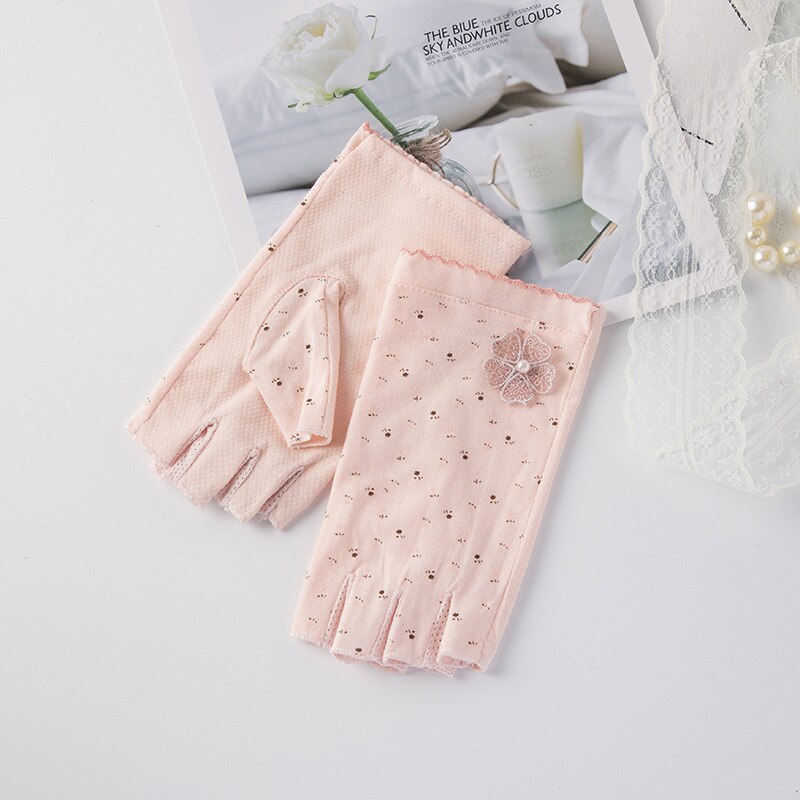 Gants de protection solaire pour femmes, en coton, UV, perle, Sport, cyclisme, conduite, écran tactile, demi-doigt, moufle, fleur, point, O22: A Pink