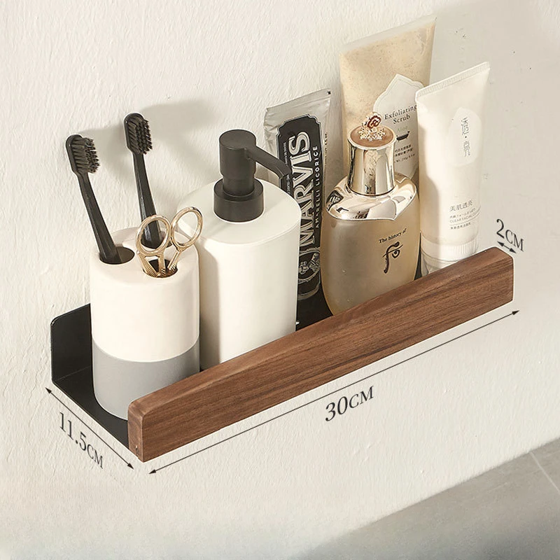 Houten badkamerplanken set, douche-organizer plank, houten wandbadplank, haardroger houder, hoekplank wasruimte hoekplank: Zilver