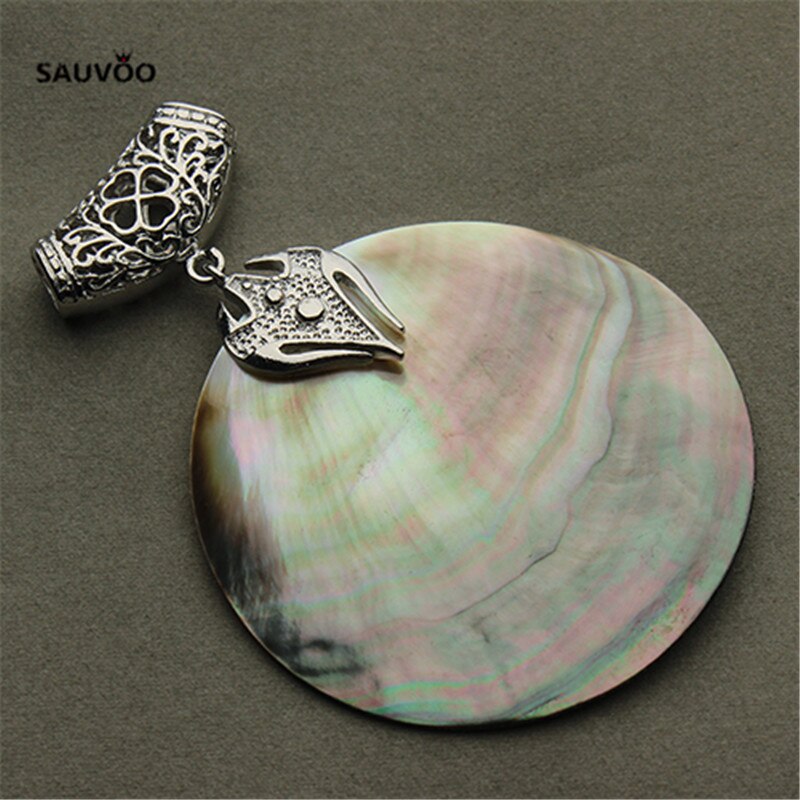 Sauvoo 1pc Retro Big Oval Shell Pendants with Silver Color Filigree Tube Hole Necklace Jewelry DIY Making Findings F1151