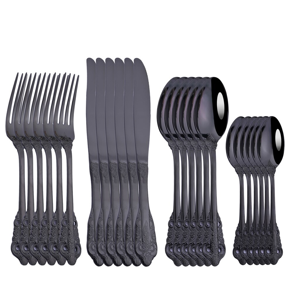 24Pcs Blue Cutlery Set Knives Fork Tea Spoon Dinner Tableware 304 Stainless Steel Dinnerware Set Kitchen Flatware Silverware: Black 24pcs