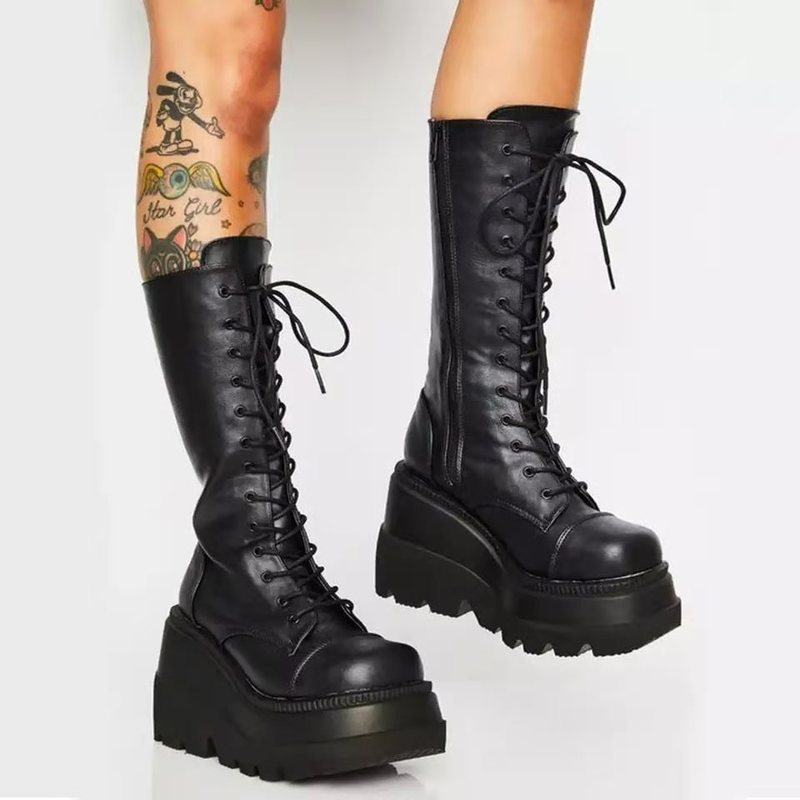Zapatos de plataforma zapatos botas zapatos de mujer PU botas de montar de piel calzado con cremallera para damas Botas Largas otoño negro mujeres botas Zapatos Gothic