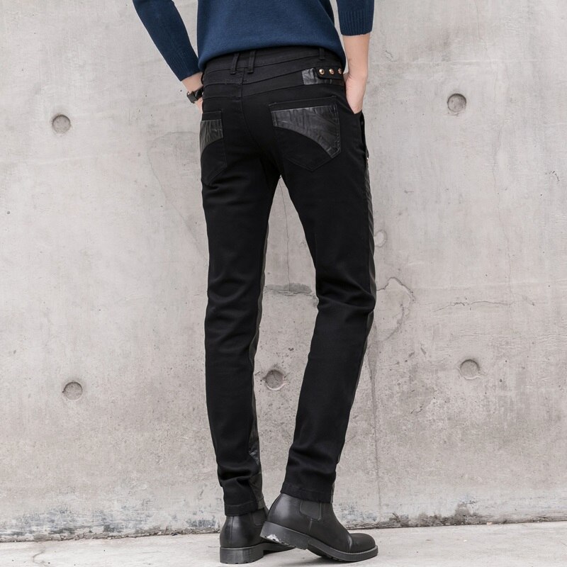 Mænds bukser imiteret læder jeans spliced denim bukser male stretch slim fit punk stage singer motorcykel casual bukser mænd