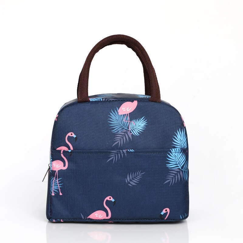 Functional Cute Pattern Lunch Bag Portable Insulated Canvas Cooler Bog Thermal Food Picnic Lunch Bags For Women Kids: Navy Flamingo
