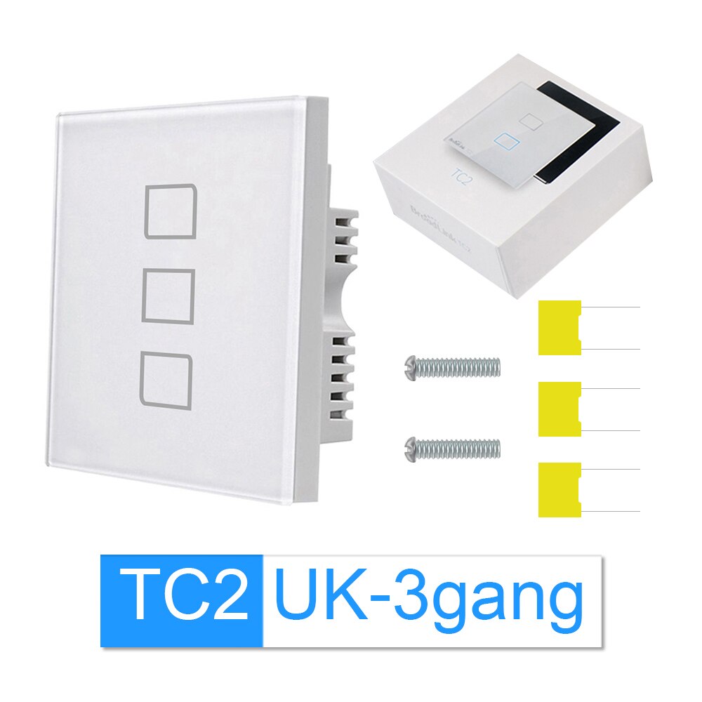 Broadlink TC2 1/2/3 Gang-UK Standard Light Switch Modern White Touch Panel Wifi Wireless Smart Control Via RM4 Pro: TC2-UK-3Gang