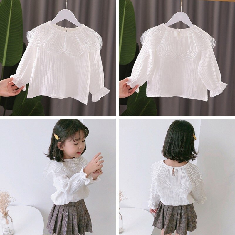 Girls White Blouse Autumn Teenager Lace Girls Tops School Uniforms Shirt Long-Sleeve Children Clothing