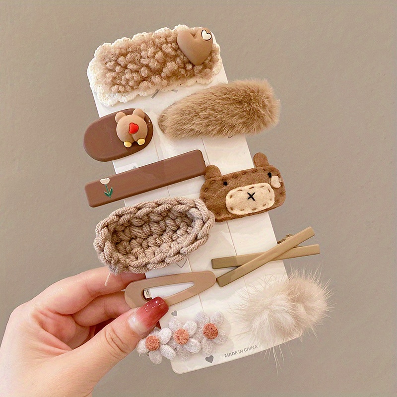 9/10 pçs inverno de pelúcia pino de cabelo bonito floral arco presilhas para meninas bebê headwear meninas crianças acessórios para o cabelo princesa grampos de cabelo: Chocolate