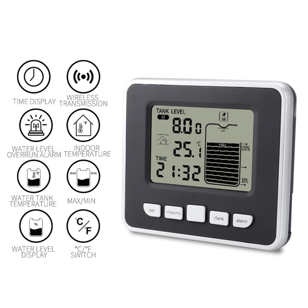 LCD Ultrasonic Water Tank Level Meter Sensor With Time Alarm Transmitter Receiver Liquid Depth Indicator Measuring Tools