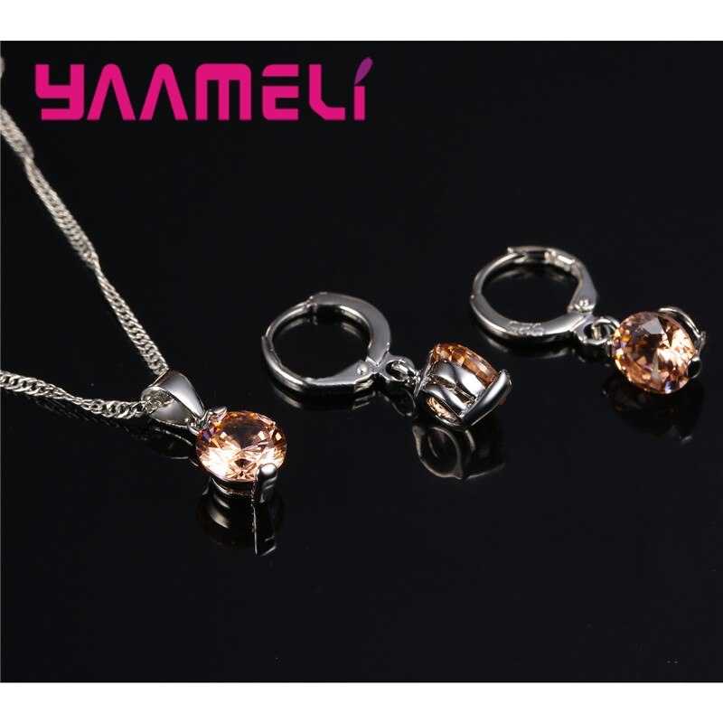 Conjunto de joyas para mujer, Plata de Ley 925 auténtica, cristales redondos, CZ, colgante, collar, pendientes, novedad