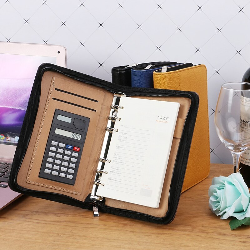 PU Leather Cover A6 Zipper Notebook Loose-Leaf Business Notepad With Calculator D5QC