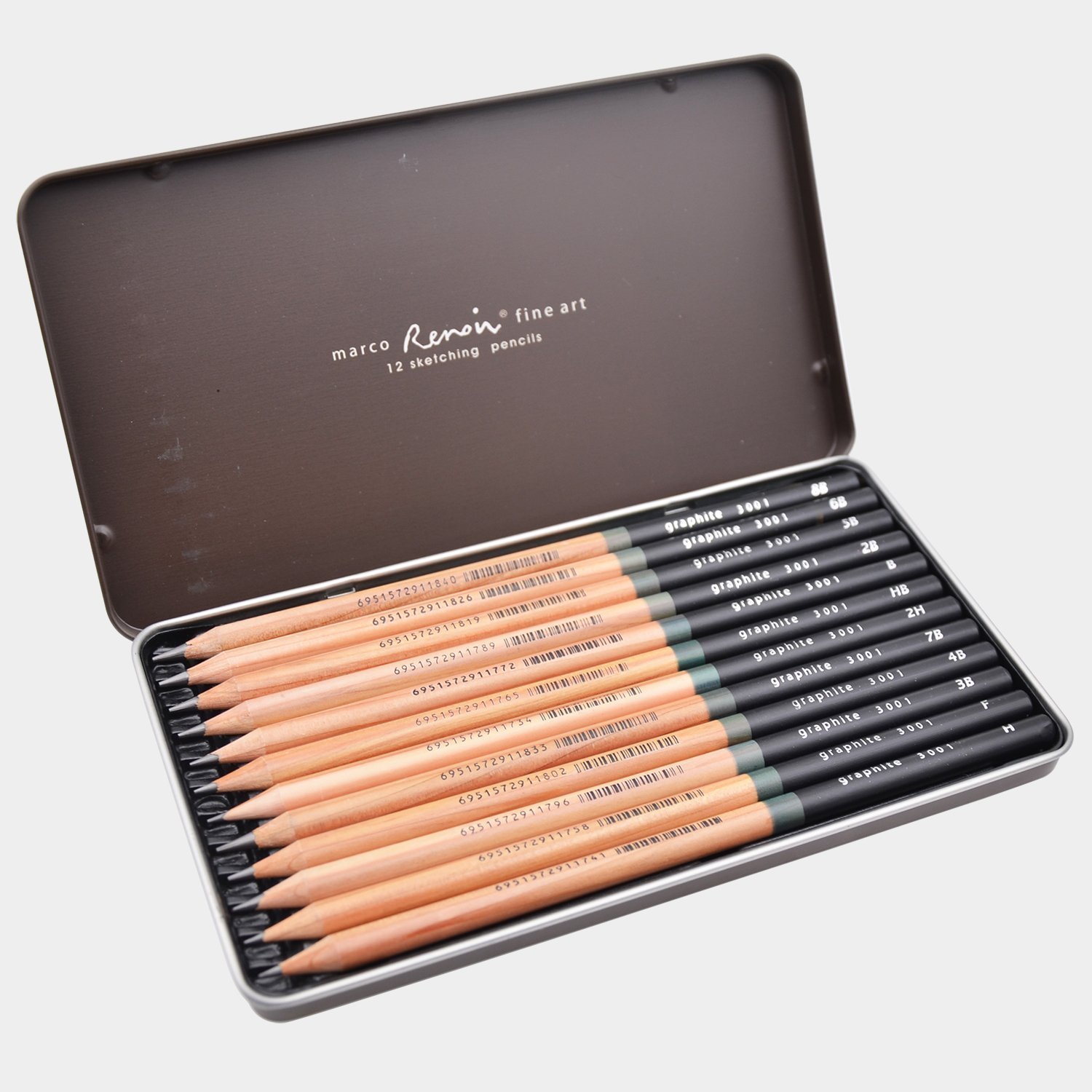 Marco Renoir Premium Professionele Kunst Schetsen Potlood Set Ijzeren Doos Niet giftig Pastel Tekening Potloden 3001-12 pcs /H/F/HB/B/2B/3B