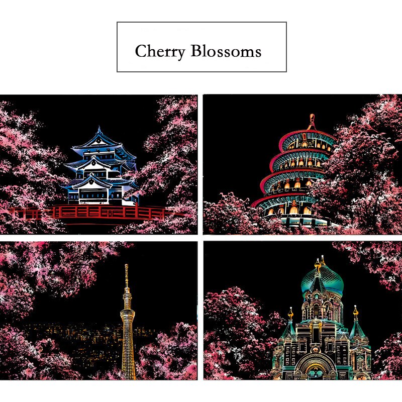 21x29.5 CM 4 Pcs/Set DIY Scraping Painting World Famous Landscape City Building Animals Scratch Painting Drawing Toys: Cherry Blossoms