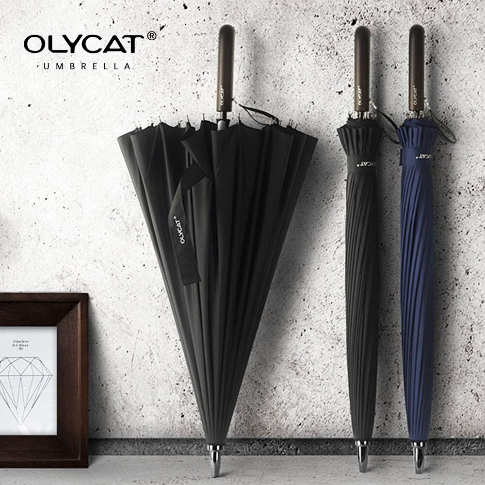 Olicat 24k guarda-chuva longo reto à prova de vento forte cabo de madeira guarda-chuva de chuva feminino homens negócios marca de vidro