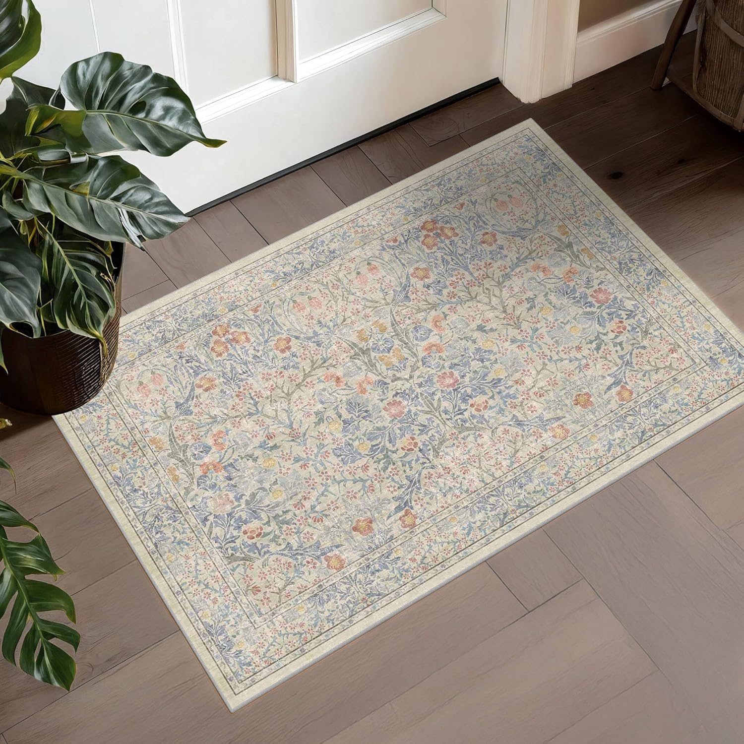 Alfombra de entrada lavable de color verde oscuro, alfombras para puerta delantera, alfombras pequeñas para baño interior, alfombra fina Floral Vintage para decoración bohemia de cocina: 45x70cm / BLANCO