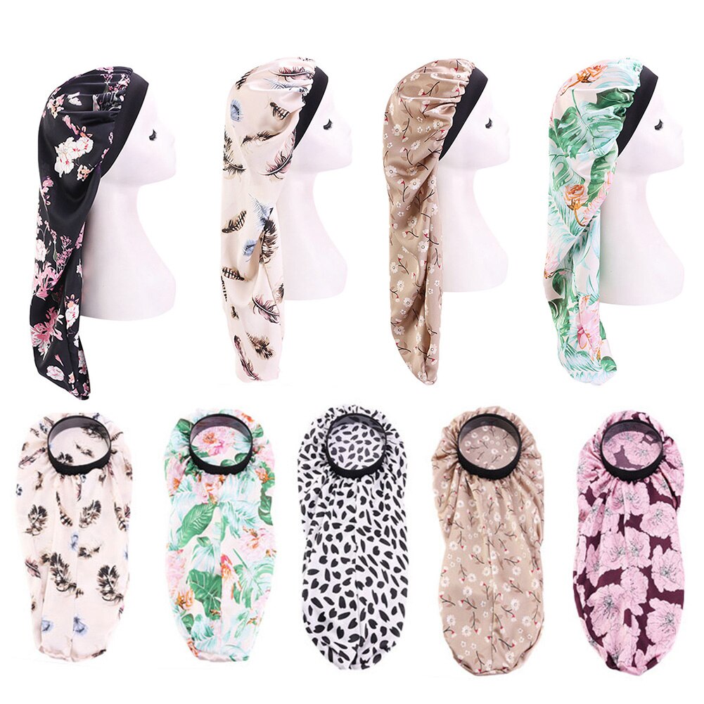 Gorro Floral largo de satén con cola para mujer, gorro para dormir de noche, herramienta de salón, gorro Herramienta de Peinado para el cuidado del cabello