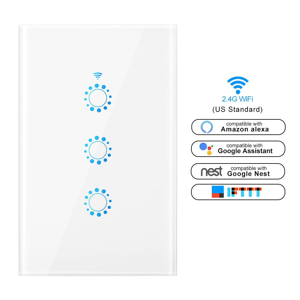 Smart switch Wifi Light Switch Glass Screen Touch Panel Voice Control Wall Switch work with Alexa Echo Google Home 1/2/3-Gang: us size white 3gang