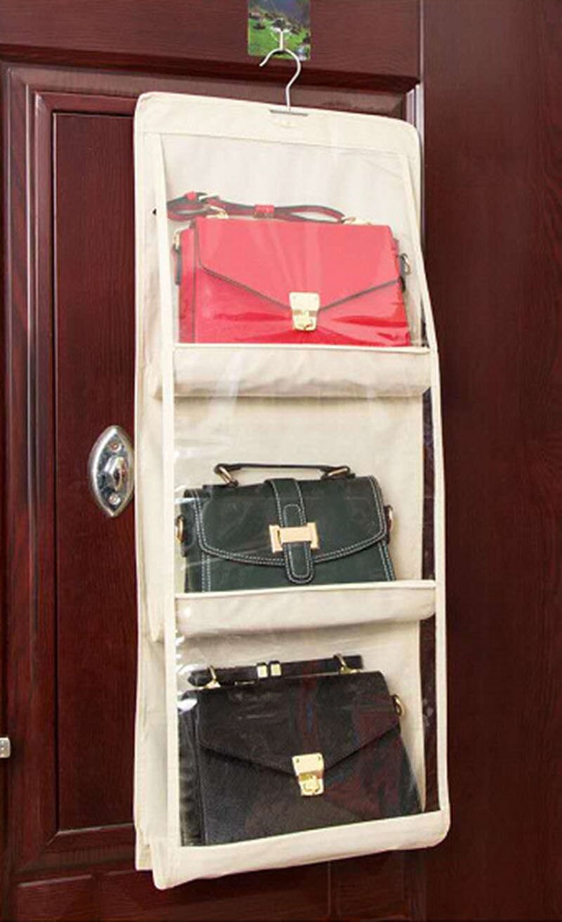 6 Pocket Foldable Hanging Bag 3 Layers Folding Shelf Bag Purse Handbag Organizer Door Sundry Pocket Hanger Storage Closet Hanger: Ivory