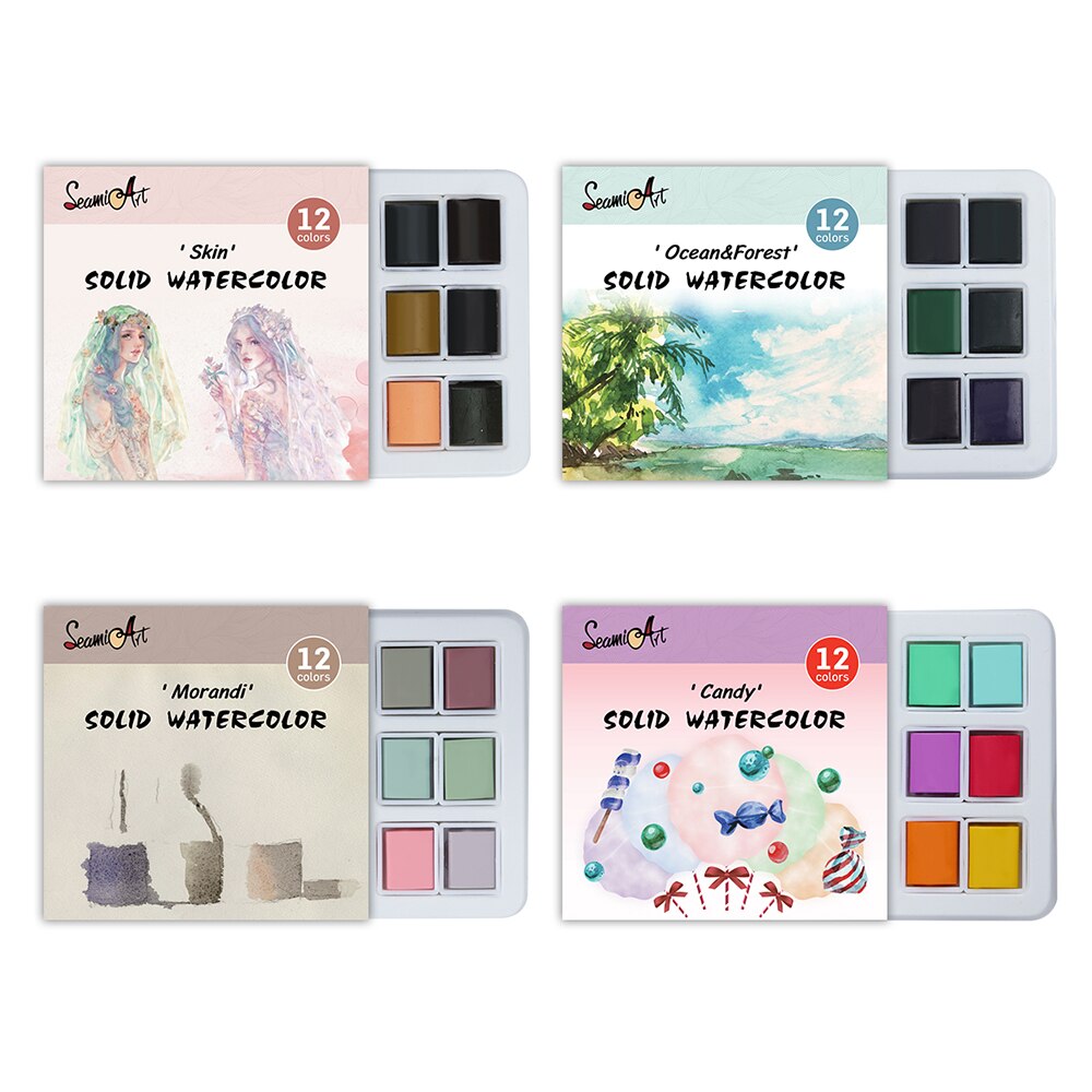 SeamiArt-Juego de acuarelas lavables para niños, pinturas de acuarelas en 12 colores, juego de acuarela sólido, paquete Simple para pintar