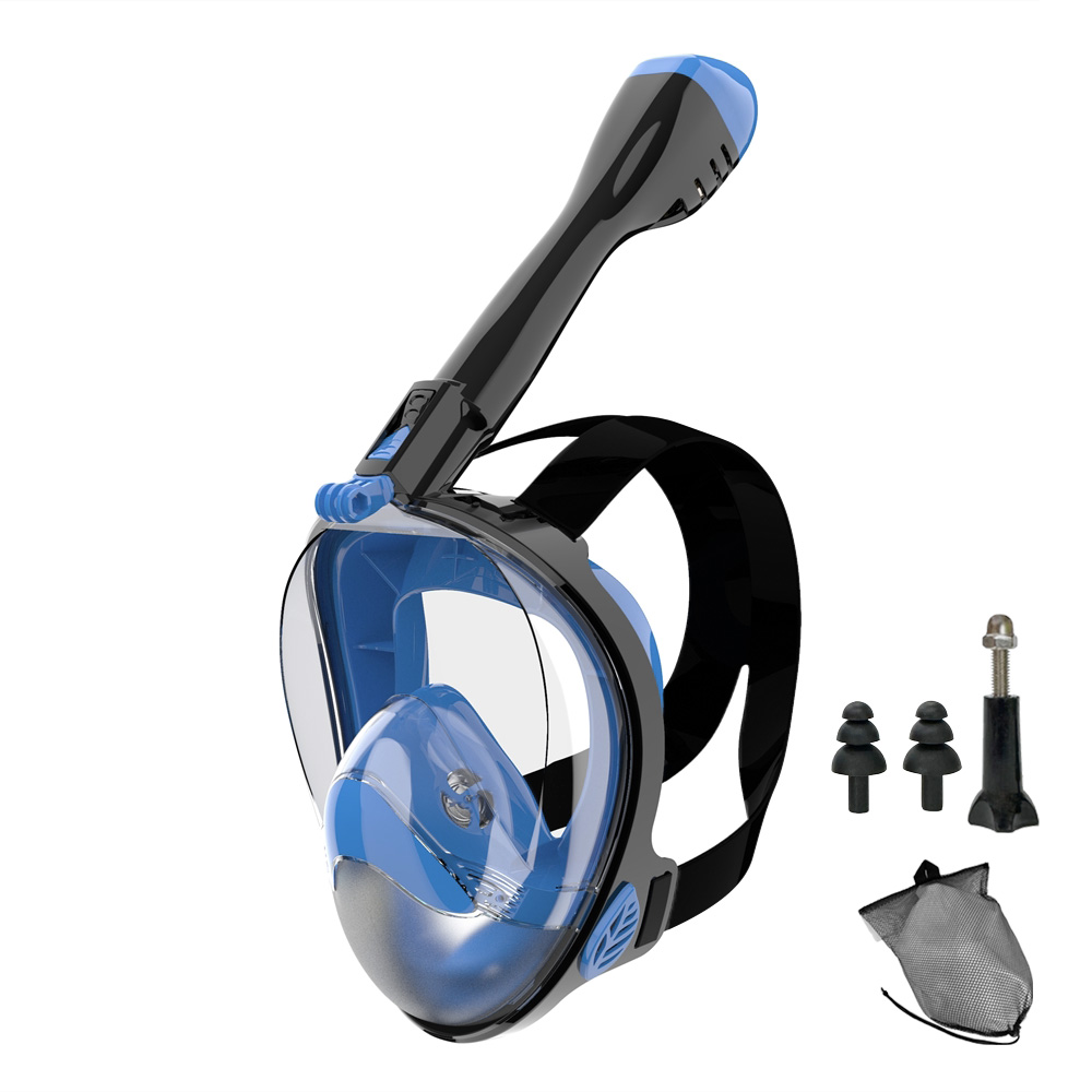 Helmask med snorkel, dykmask för vuxna och ungdomar, läckagefri, imfri, 180 ° panoramavy med kamerafäste, säker andning: Blå / L / xl