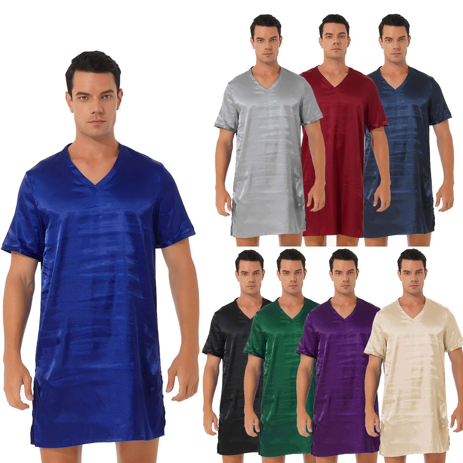 Heren Satijnen Nachtkleding Tops Nachthemd Nachtjapon Pyjama Jurk Met Korte Mouwen Ondergoed Homewear Zijkanten Split Slaap Tops Nachtkleding