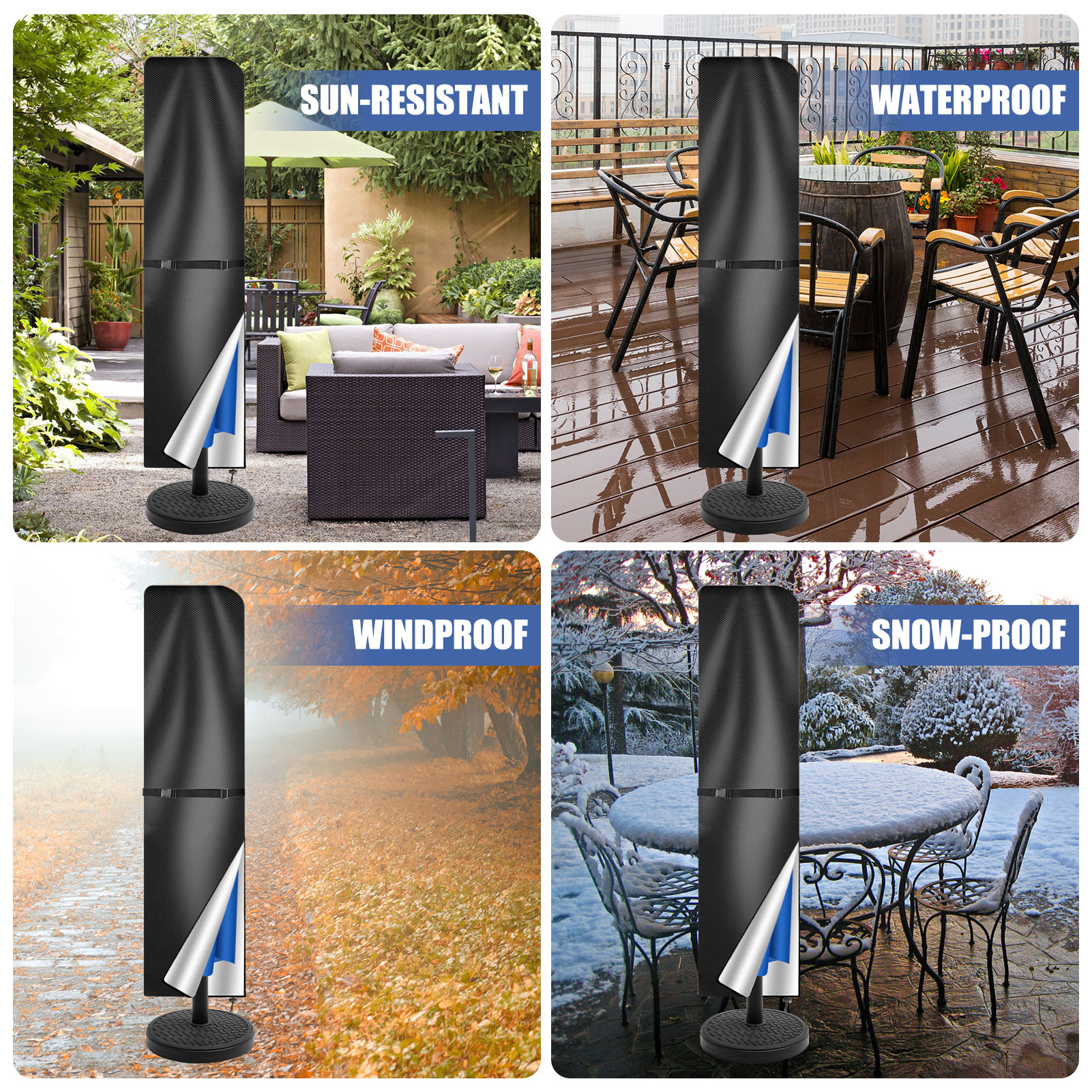 Parasolhoes Waterdichte rechte parasolbeschermhoes met telescopische paal en ritssluiting Geschikt voor grote paraplu-terrasparasol