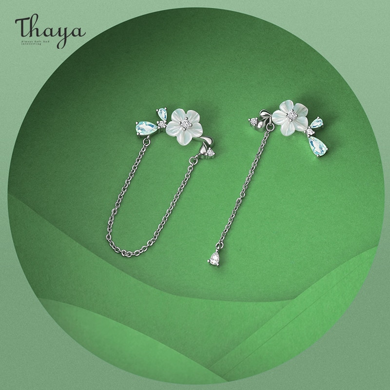 Thaya Originele Zilveren Kleur Studs Earring Chain Shell Bloem Dangle Voor Vrouwen Oorbel Seizoen Serie Fijne Sieraden